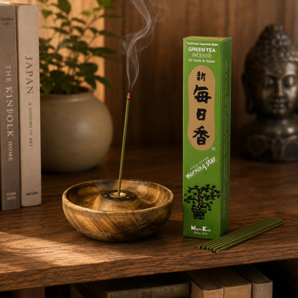 Encens Morning Star Thé vert sur étagère zen avec Bouddha, plantes et bâtonnet allumé
