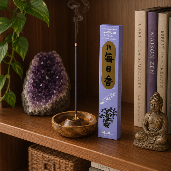 Encens Morning Star Lavande sur étagère zen avec améthyste, Bouddha et bâtonnet allumé