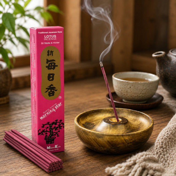 Encens Morning Star Lotus allumé dans une ambiance zen avec thé et porte-encens