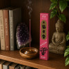 Encens Morning Star Lotus sur étagère zen avec améthyste, Bouddha et bâtonnet allumé