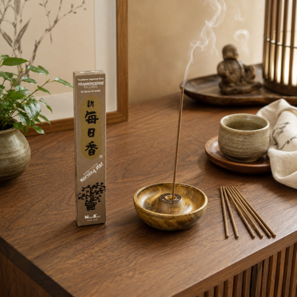 Encens Morning Star Frankincense à l’oliban allumé sur meuble zen avec tasse et décoration japonaise