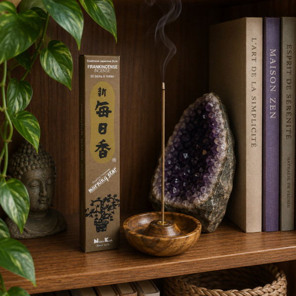 Encens japonais Morning Star Frankincense allumé sur étagère zen avec améthyste et Bouddha