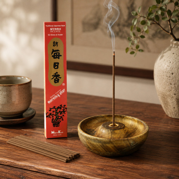 Encens japonais Morning Star à la myrrhe allumé, ambiance zen et méditation