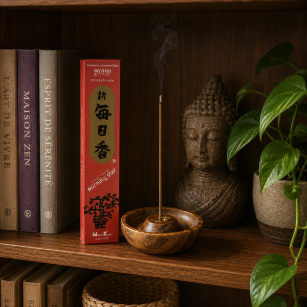 Encens japonais Morning Star Myrrh sur étagère zen avec Bouddha et plante verte