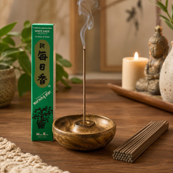 Encens Morning Star Sauge Blanche en combustion dans une ambiance zen avec Bouddha