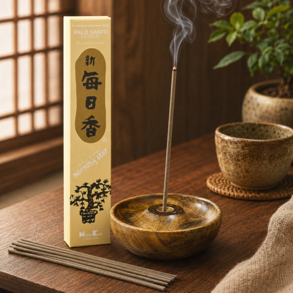 Encens Morning Star Palo Santo en combustion dans une ambiance zen et chaleureuse