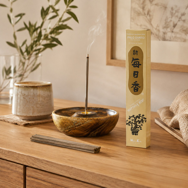 Encens japonais Palo Santo Morning Star sur meuble en bois, rituel de purification et détente