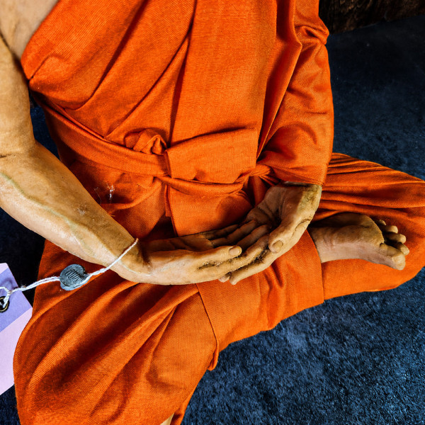 Détail des mains en méditation du moine en cire Luang Phor Sodh et de sa robe orange