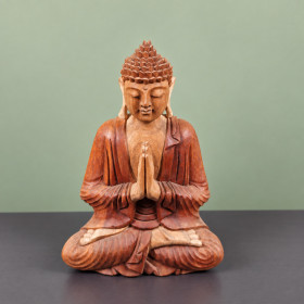 Bouddha de l’accueil en bois de suar sculpté à la main, 30 cm, mains jointes, vue de face – Namaste Visé