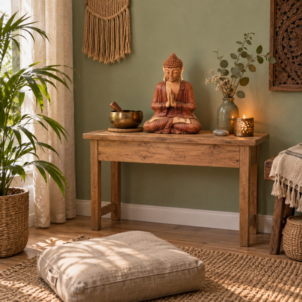Bouddha de l’accueil en bois de suar sur un autel en bois, avec bol chantant et coussin de méditation