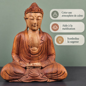 Bouddha en bois de suar : « Créer une atmosphère de calme », « Aide à la méditation », « Symbolise la sagesse »