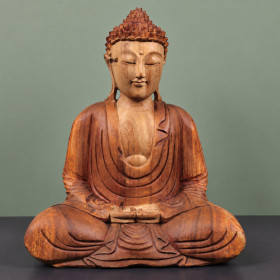 Bouddha en méditation en bois de suar sculpté à la main, 30 cm, mains dans le giron, vue de face – Namaste Visé
