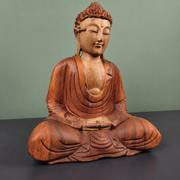 Bouddha en méditation en bois de suar, mains dans le giron et jambes croisées, tourné vers la droite