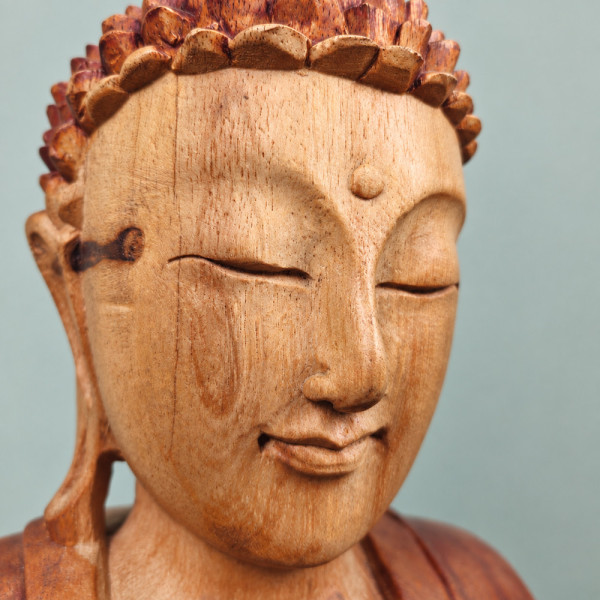 Gros plan sur le visage et le veinage du Bouddha en méditation en bois de suar, tourné vers la droite