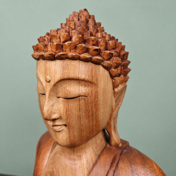 Détail du visage, de l’oreille et de la coiffure du Bouddha en méditation en bois de suar, tourné vers la gauche
