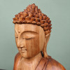 Détail du visage, de l’oreille et de la coiffure du Bouddha en méditation en bois de suar, tourné vers la gauche