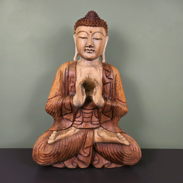 Bouddha de la transmission en bois de suar sculpté à la main, 60 cm, vu de face avec les mains devant la poitrine