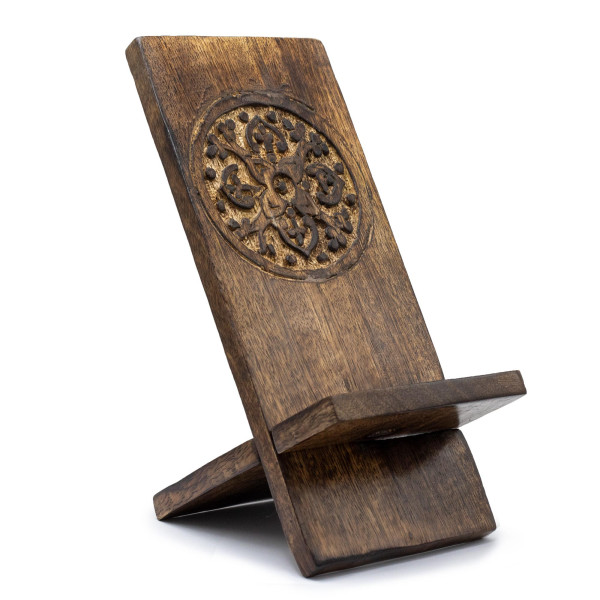 Support téléphone bois sculpté - Design mandala