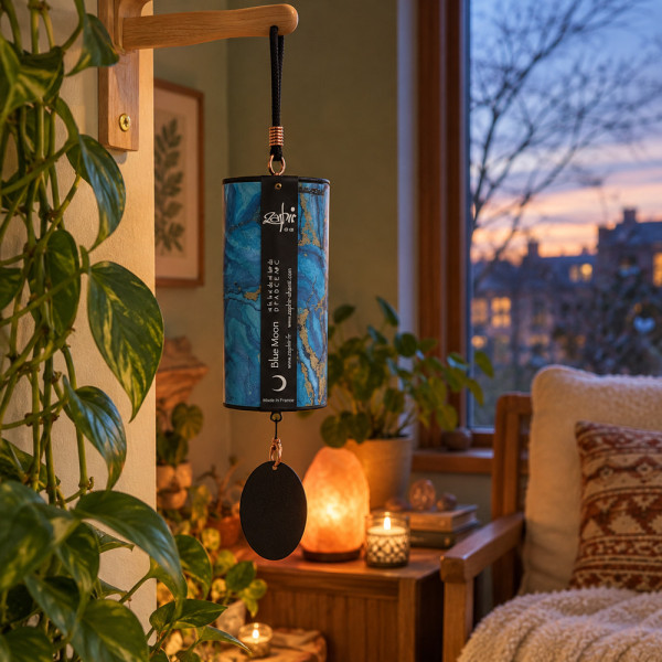 Carillon Zaphir Blue Moon suspendu dans un intérieur zen chaleureux de la Maison Namaste