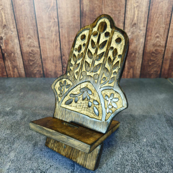 Support téléphone bois sculpté - Symbole Hamsa protecteur