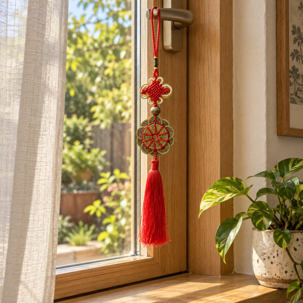 Porte-bonheur Feng Shui à pièces chinoises suspendu à une fenêtre dans une maison zen lumineuse