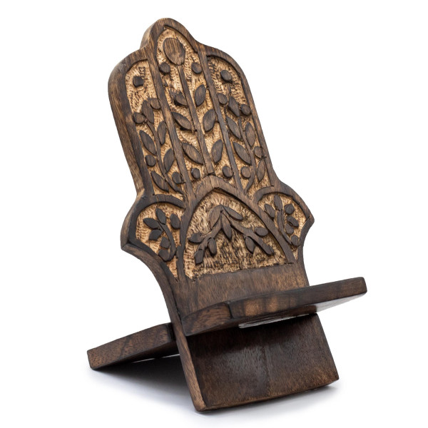Support téléphone bois sculpté - Symbole Hamsa protecteur