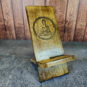 Support téléphone bois sculpté - Bouddha, paix et sérénité