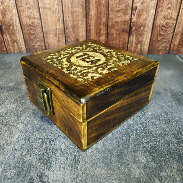 Boîte à thé artisanale en manguier sculpté - 4 compartiments