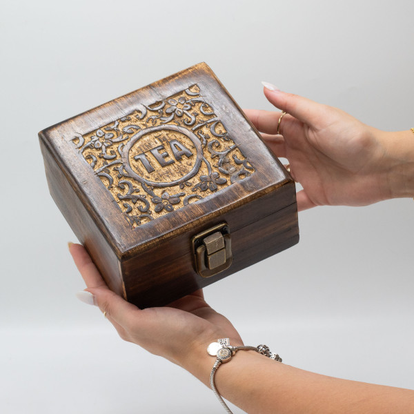 Boîte à thé artisanale en manguier sculpté - 4 compartiments