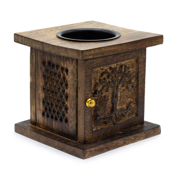 Brûleur d'huiles essentielles en bois de manguier avec motif Arbre de Vie