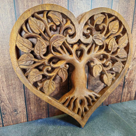 Décoration murale artisanale en bois : Cœur et Arbre de Vie indonésien