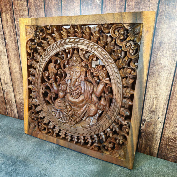 Panneau Décoratif Bouddha en Bois Artisanal Indonésien