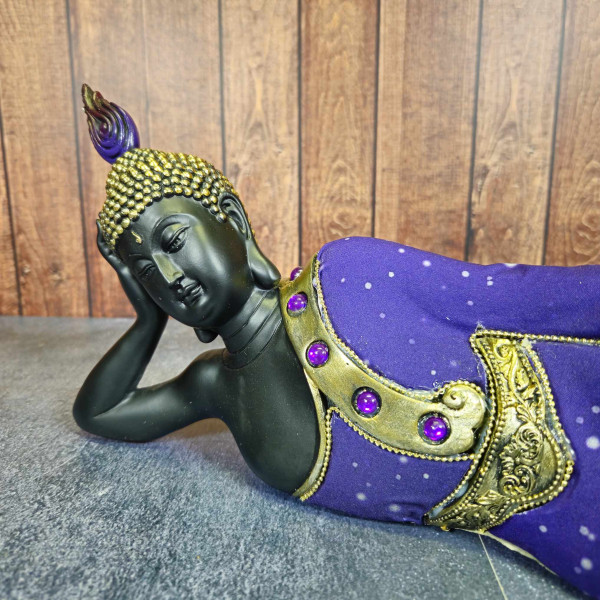 Statue Bouddha Allongé Pourpre en Résine – Sérénité et Élégance
