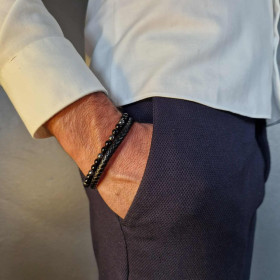 Bracelet homme cuir noir avec perles d’Onyx et d’Hématite – bijou masculin élégant et protecteur