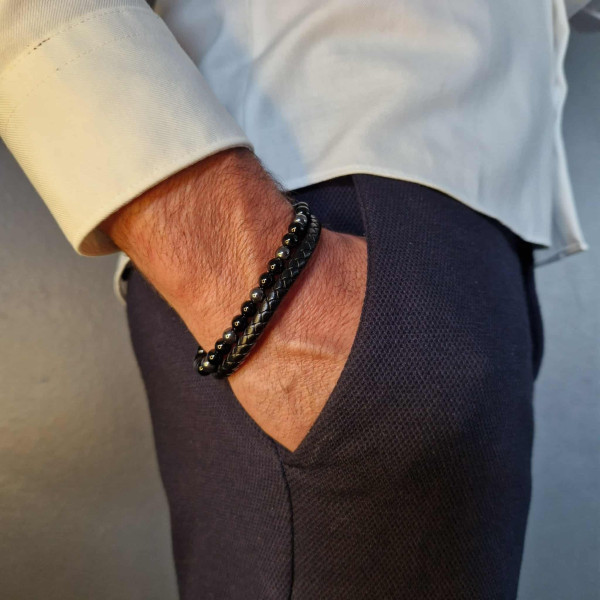 Bracelet en cuir noir et pierres naturelles Onyx & Hématite – accessoire masculin alliant style et énergie