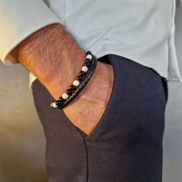 Bracelet homme cuir noir et pierres naturelles Howlite & Onyx – élégance masculine et énergie protectrice