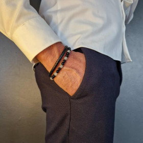 Bracelet homme cuir noir avec pierres naturelles Labradorite et Onyx – bijou masculin élégant et protecteur