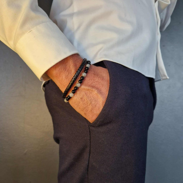 Bracelet homme cuir noir avec pierres naturelles Labradorite et Onyx – bijou masculin élégant et protecteur