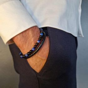 Bracelet homme cuir noir avec pierres naturelles Lapis Lazuli et Onyx – élégance, protection et énergie positive