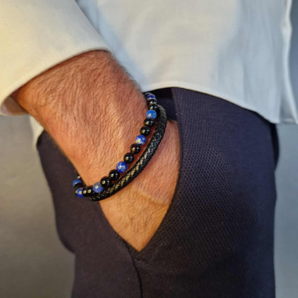 Bracelet artisanal en cuir tressé et perles de Lapis Lazuli & Onyx – bijou masculin raffiné et spirituel