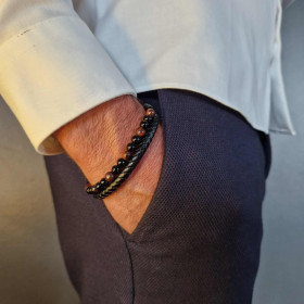 Bracelet homme cuir noir avec pierres naturelles Œil de Taureau et Onyx – élégance masculine et énergie protectrice