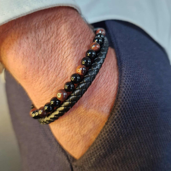 Bracelet homme cuir noir et pierres naturelles – Œil de Taureau pour courage et Onyx protecteur pour confiance et ancrage