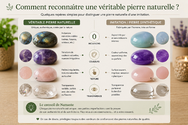 Comparatif entre une véritable pierre naturelle et une imitation montrant les différences d'inclusions, de couleur, de texture et de transparence.