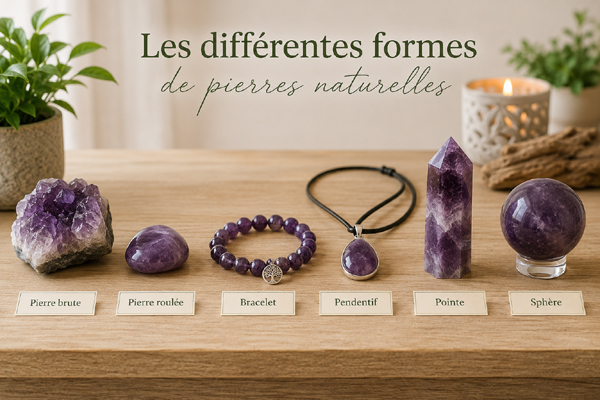 Les différentes formes de pierres naturelles : pierre brute, pierre roulée, bracelet, pendentif, pointe et sphère.