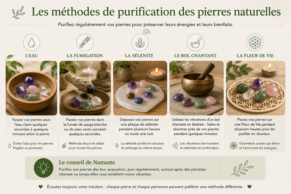 Infographie présentant les principales méthodes de purification des pierres naturelles : eau, fumigation, sélénite, bol chantant et fleur de vie.