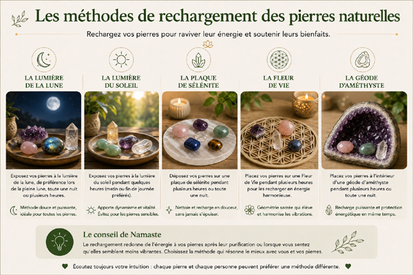 Infographie présentant les principales méthodes de rechargement des pierres naturelles : lumière de la lune, soleil, plaque de sélénite, fleur de vie et géode d'améthyste